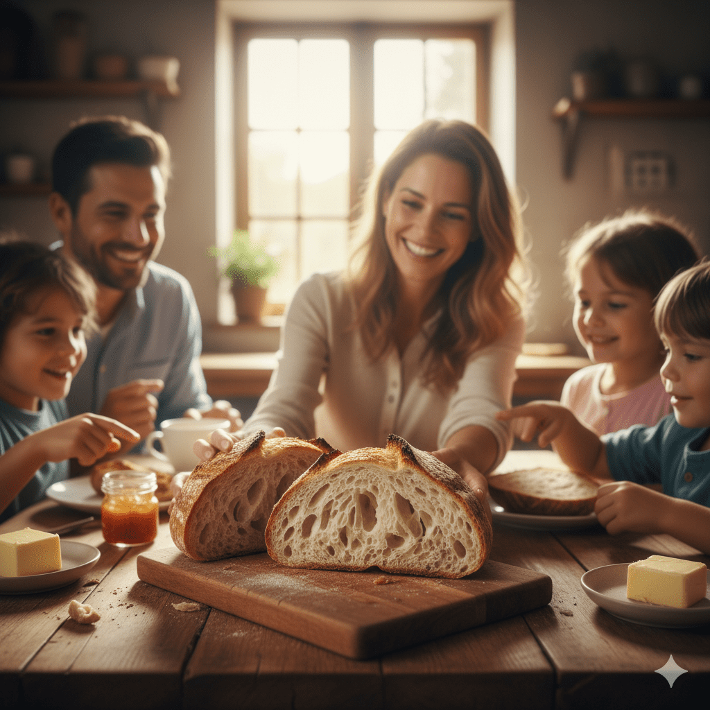 Família feliz em volta da mesa com pão caseiro fofinho e crocante, miolo perfeito - sucesso panificação