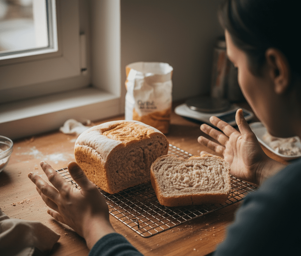 Imagem de uma mulher olhando desapontada para um pão caseiro com miolo pesado e que não cresceu como esperado, em uma cozinha comum. Ilustra a frustração de iniciantes na panificação ao tentar fazer receitas sem sucesso.