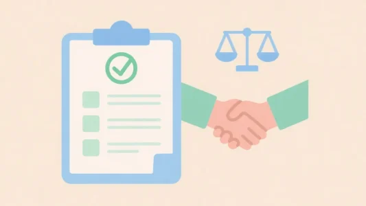 ilustracao minimalista de contrato com checklist, aperto de mãos e balanca da justica para termos de uso